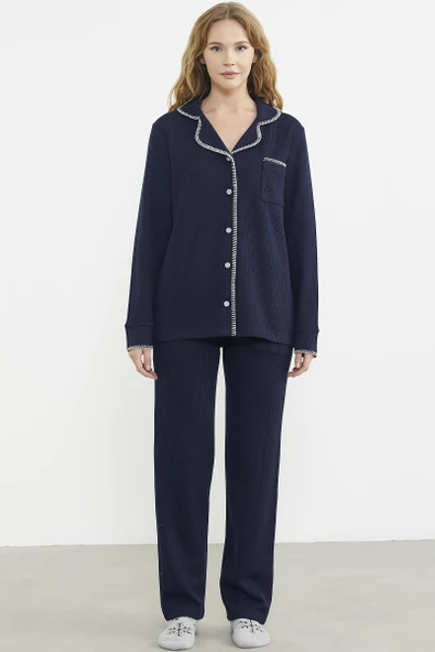 Düğmeli Gömlek Model Pijama Takım - Lacivert ürün görseli 1