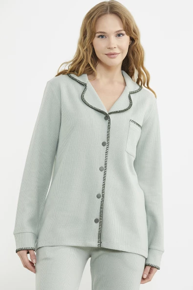 Düğmeli Gömlek Model Pijama Takım - Yeşil - Resim 3