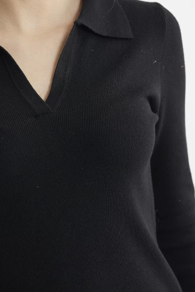 Patlı Polo Yaka Basic Triko Elbise - Siyah - Resim 5