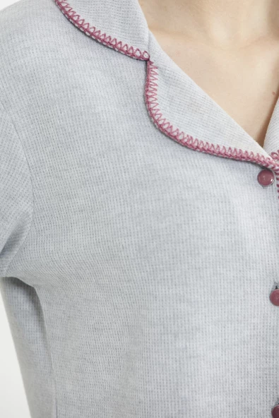 Düğmeli Gömlek Model Pijama Takım - Gri - Resim 5