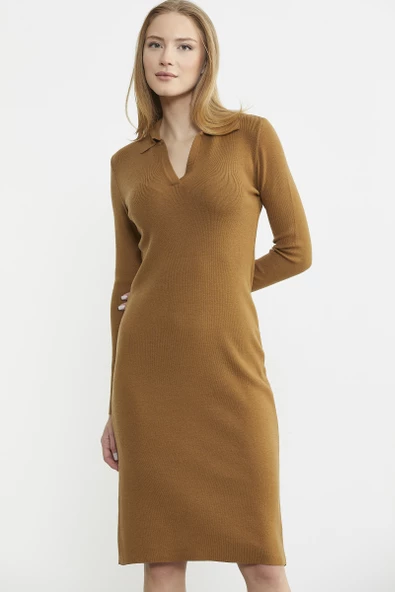Patlı Polo Yaka Basic Triko Elbise - Kamel - Resim 3