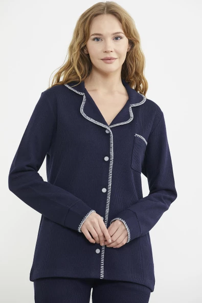 Düğmeli Gömlek Model Pijama Takım - Lacivert - Resim 2