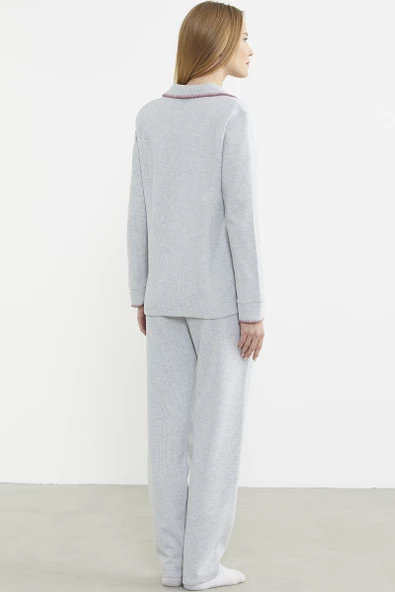 Düğmeli Gömlek Model Pijama Takım - Gri - Resim 6