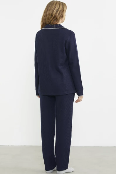 Düğmeli Gömlek Model Pijama Takım - Lacivert - Resim 6