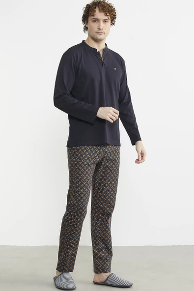 Düğmeli Desen Kombinli Pijama Takım - Kahve ürün görseli 1