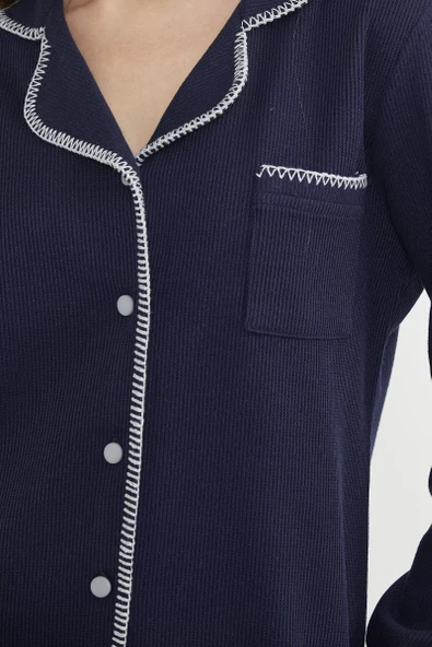 Düğmeli Gömlek Model Pijama Takım - Lacivert - Resim 5