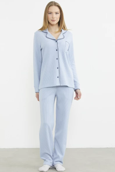 Düğmeli Gömlek Model Pijama Takım - Mavi ürün görseli 1