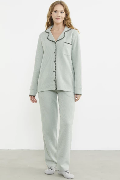 Düğmeli Gömlek Model Pijama Takım - Yeşil - Resim 2