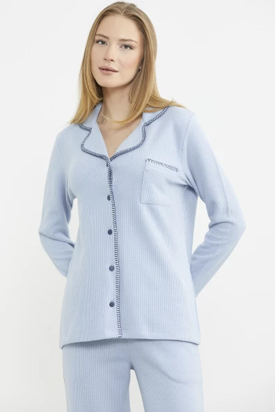 Düğmeli Gömlek Model Pijama Takım - Mavi - Resim 3