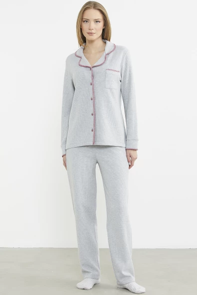 Düğmeli Gömlek Model Pijama Takım - Gri ürün görseli 1