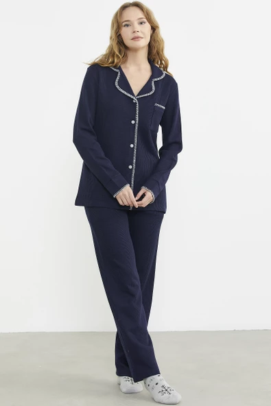 Düğmeli Gömlek Model Pijama Takım - Lacivert - Resim 3