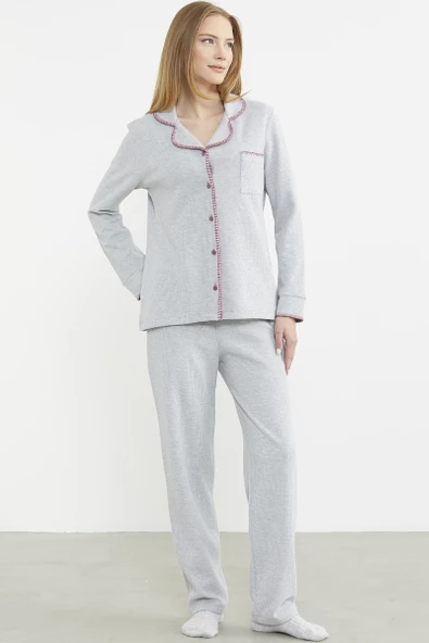 Düğmeli Gömlek Model Pijama Takım - Gri - Resim 4