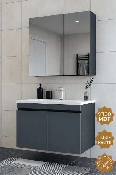 Teta Home Tokyo 80 cm MDF Banyo Dolabı Seti  Antrasit ürün görseli 1