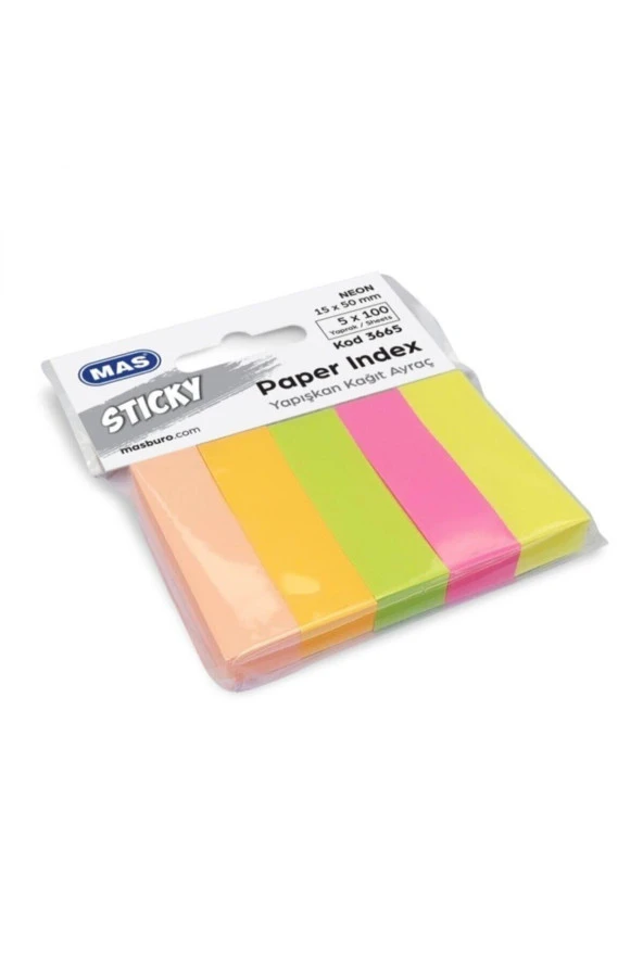 Mas Yapışkanlı Kağıt Ayraç 15mm x 50mm 5x100 Sayfa Neon 5 Renk Index ürün görseli 1