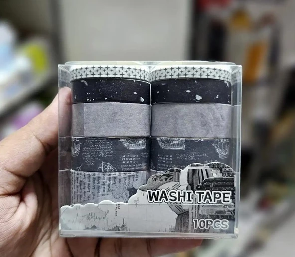 Vintage Washi Tape Bant Siyah Beyaz Yapışkanlı Maskeleme Kağıdı Desenli bant 10 lu -Eski Bina Harita ürün görseli 1