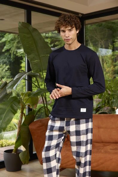 Kly 8058 Erkek Sıfır Yaka Ekose Uzun Kollu Pijama Takım ürün görseli 1