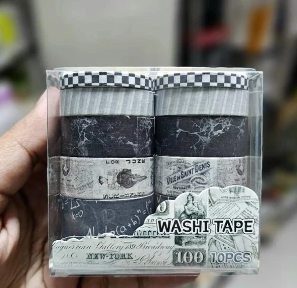 Vintage Washi Tape Bant Siyah Beyaz Yapışkanlı Maskeleme Kağıdı Desenli bant 10 lu -Formül Para ürün görseli 1