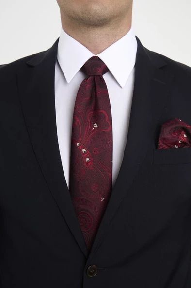 Brianze Bordo Beyaz Şal Motif Desen Kravat Mendil Set ürün görseli 1