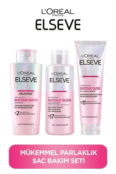 Elseve Glycolic Gloss 3lü Saç Bakım Seti Mükemmel Parlaklık Şampuan 200ML + Saç Kremi 150ML+ Laminasyon Bakım 200ML ürün görseli 1