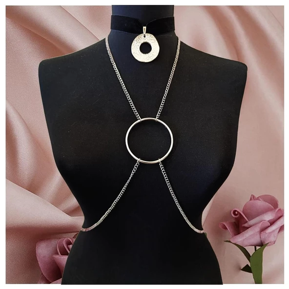 Siyah Kadife Choker - İkili Kadın Vücut Zinciri ürün görseli 1