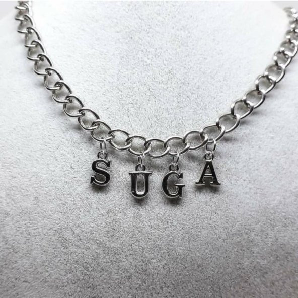 Gri Suga Bts Yazılı Harfli 45 cm Zincirli Hediyelik Bayan Kolye ürün görseli 1