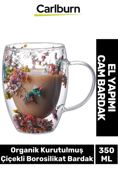 Özel El Yapımı Sıcak Soğuk Dayanıklı Süslü Organik Çiçekli Borosilikat Cam Handmade Bardak 350ml ürün görseli 1