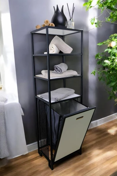 Digithome Metal Kirli Sepetli 4 Raflı Çok Amaçlı Banyo Düzenleyici Raf Organizer Siyah/Beyaz – MRS-014 C1-1-369 ürün görseli 1