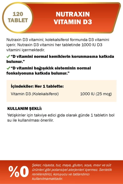 NUTRAXIN D3 VITAMIN 1000IU X 120 TABLET - Resim 3