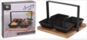 TANTİTONİ -METAL TUTAMAÇLI KARE AKASYA AĞACI STANDLI 4LÜ SİYAH STONEWARE KASE TKİ 20X20CM ürün görseli 1