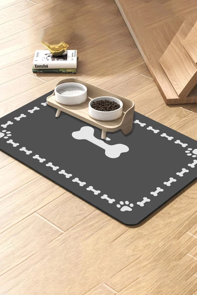 MAtGo Pati Süper Mood Deri Kemik Çerçeveli Gri Beslenme Matı Kaymaz Su Geçirmez Kedi Köpek Mama Paspası 50x70cm ürün görseli 1