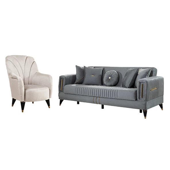 Belletto Amoris Üçlü Koltuk Gri-berjer Krem 3+1 ürün görseli 1