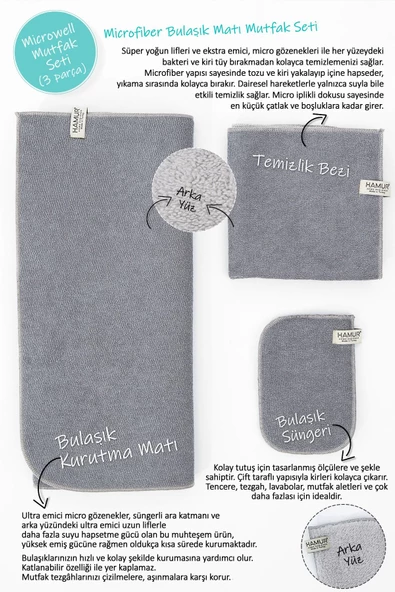 Gri Microwell 3 Prç Set Microfiber Bulaşık Kurutma Matı 3'lü Mutfak Seti Kurulama Bezi Örtüsü ürün görseli 1