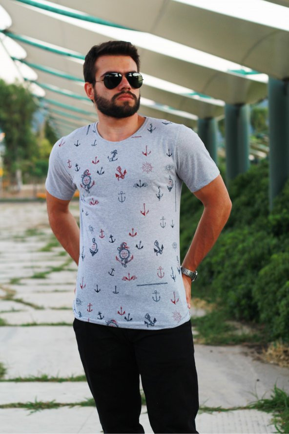Erkek Gri Slim Fit Büyük Çapa Desenli Kısa Kollu Tişört 20ETSHBCAP ürün görseli 1
