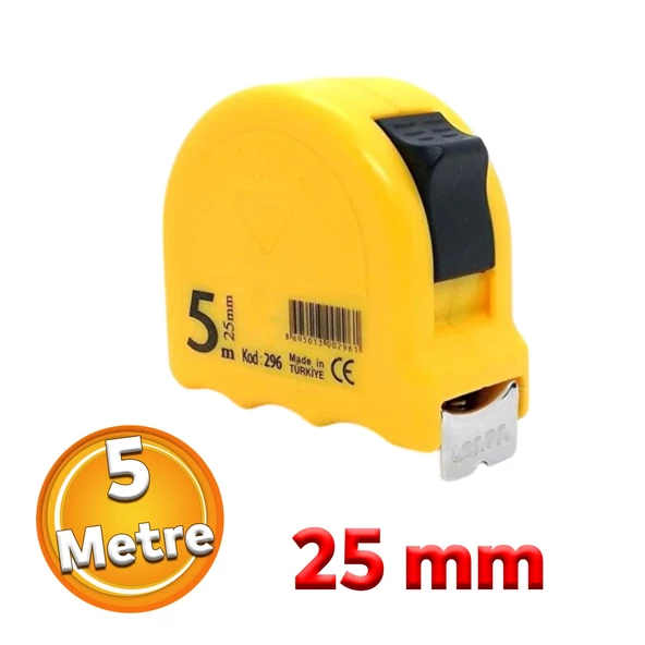 Bükülebilir Metre 5 metre Şerit Metal En 25 mm Düğmeli Ölçüm Ölçme Plastik Kasalı ürün görseli 1