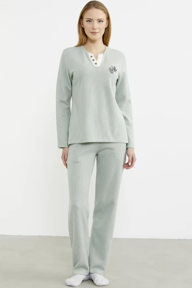 Fitilli Yaka Detaylı Pijama Takım - Yeşil ürün görseli 1