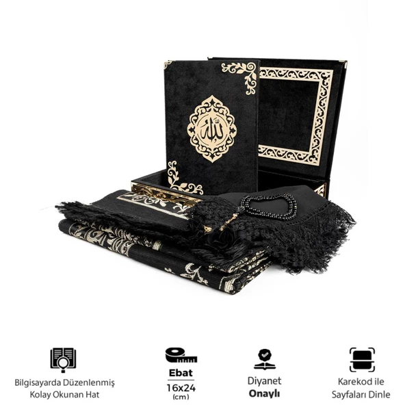 Şal + Seccade + Tesbih + Kuran Hediye Seti (Orta B. Şems Lafzatullah Gold Pleksi Raşel Kutu, Siyah) ürün görseli 1