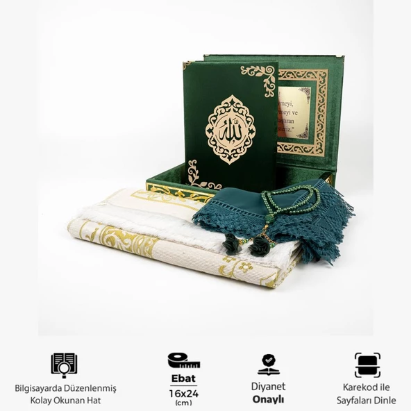 Şal + Seccade + Tesbih + Kuran Hediye Seti (Orta B. Şems Lafzatullah Gold Pleksi Raşel Kutu, Yeşil) ürün görseli 1