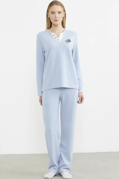 Fitilli Yaka Detaylı Pijama Takım - Mavi ürün görseli 1