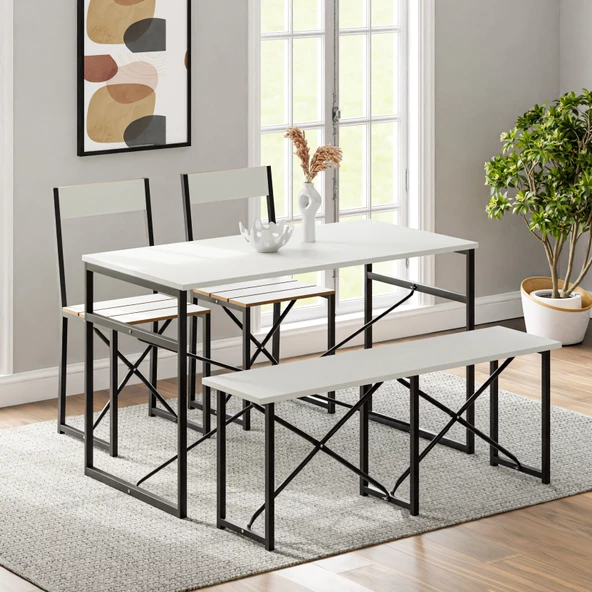 Eportatif Mutfak Masası Bench Bank 120x60 Masa Set 2 Adet Sandalye Yemek Masası Beyaz 1547 ürün görseli 1