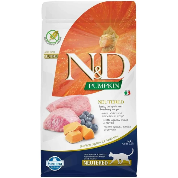 N&D Pumpkin Tahılsız Kuzu Etli, Yaban Mersinli ve Bal Kabaklı 1,5 Kg Kısırlaştırılmış Kedi Maması ürün görseli 1