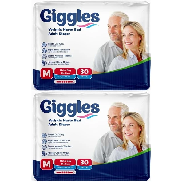 Giggles Yetişkin Bezi Bel Bantlı Tekstil Yüzey Orta - Medium (M) 60 Adet (2PK*30) ürün görseli 1