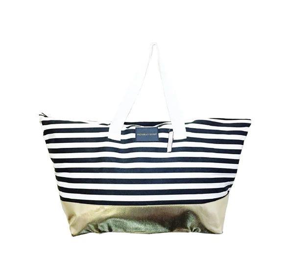 Victoria's Secret Vs Siyah Beyaz Çizgili Gold Taban Askılı Duffle Carryall Tote ürün görseli 1