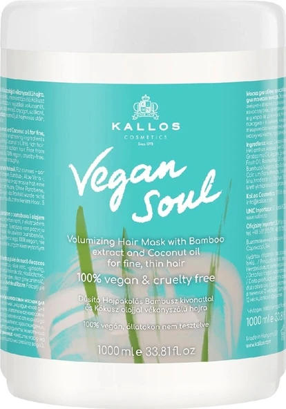 Kallos Cosmetics Vegan Soul 1000ml Ince Telli Saçlara Bambu Özlü Ve Hindistan Cevizi Yağlı Hacim Veren Saç Maskesi ürün görseli 1