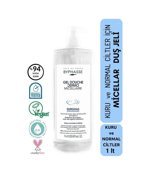 BYPHASSE Dermo Micellar Surgras Kuru ve Normal Ciltler İçin Misel Duş Jeli 1000ml ürün görseli 1