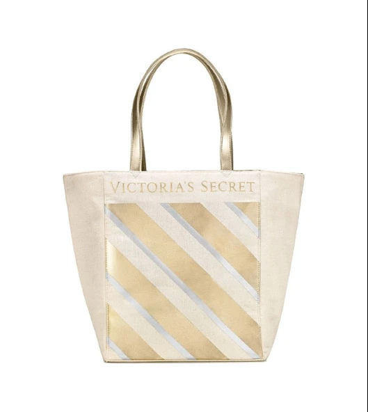Victoria's Secret VS Krem Gold Çizgi Desenli Kanvas Tote Omuz Çantası ürün görseli 1
