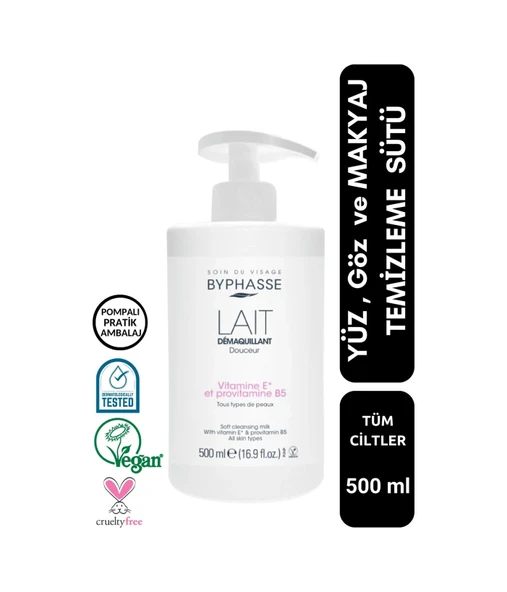 BYPHASSE Yüz ve Makyaj Temizleme Sütü Tüm Cilt Tipleri 500ml (Pompalı) ürün görseli 1