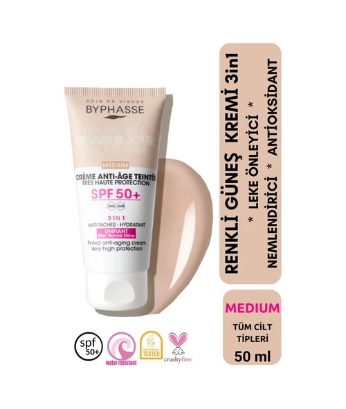 BYPHASSE Anti-Aging Renkli Sıvı Güneş Kremi Medium Renk- Yeni Nesil Güneş Filtreli Hibrit Formül 50ml ürün görseli 1