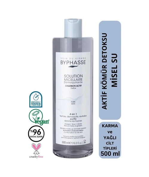 BYPHASSE Micellar Yüz ve Makyaj Temizleyici Aktif Kömür Misel Su Karma ve Yağlı Ciltler 500ml ürün görseli 1