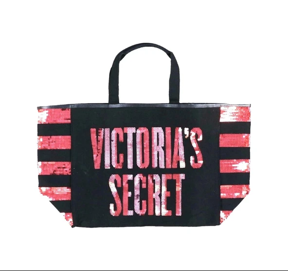 Victoria's Secret VS Pembe Pullu Payet İşlemeli Kadın Büyük Boy Çıt Çıt Kapamalı Plaj Çantası ürün görseli 1
