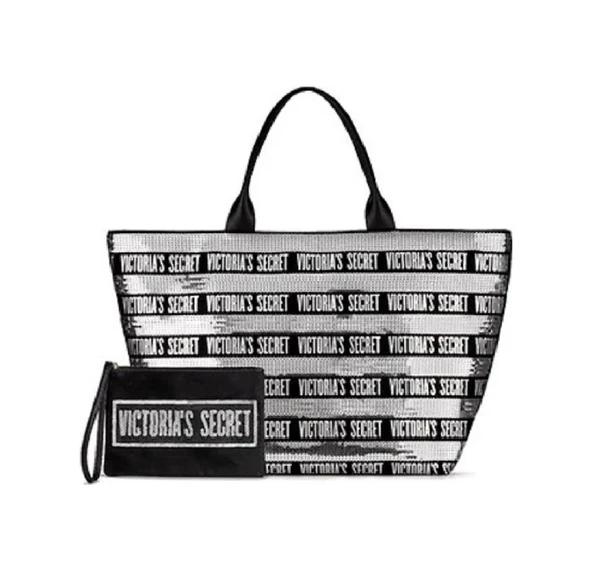 Victoria's Secret Vs Gümüş Pullu Payet İşlemeli Carryall Tote & Mini Clutch Set ürün görseli 1